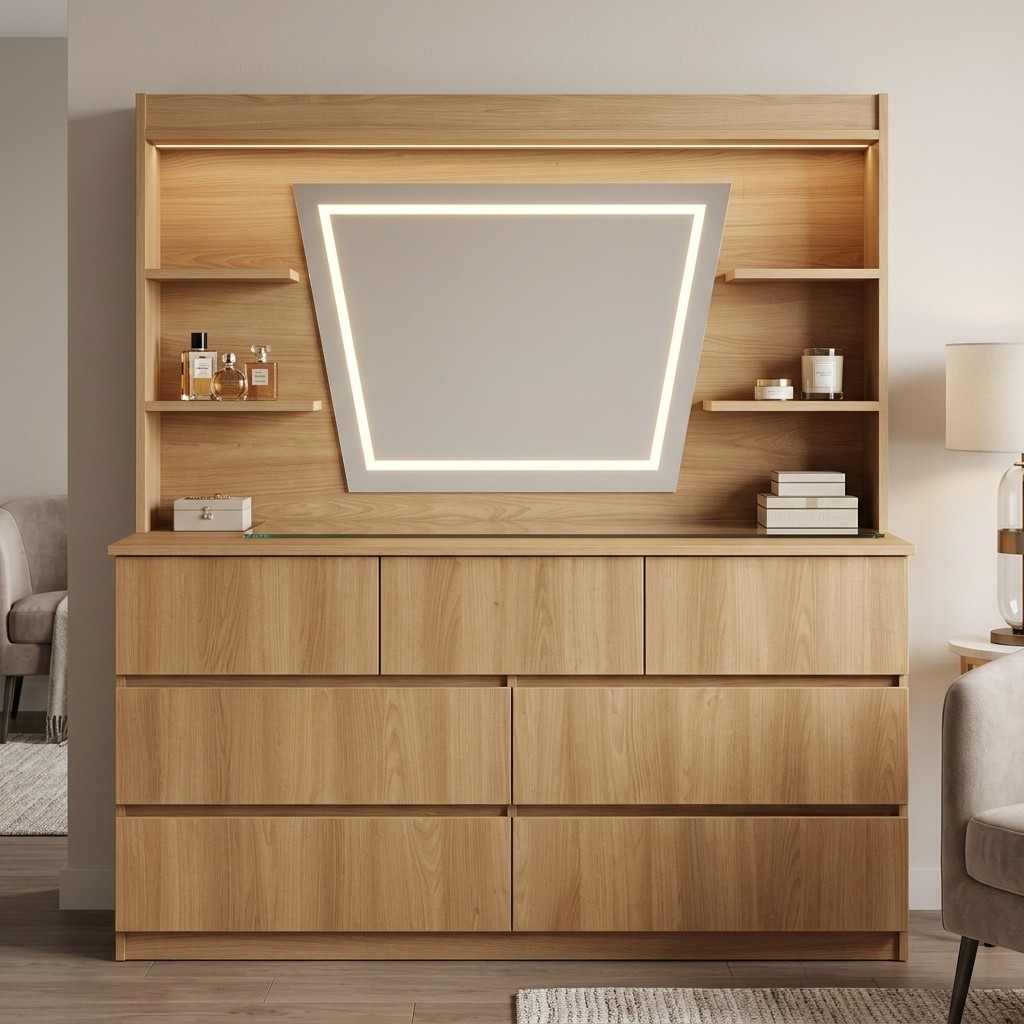 Cómoda Tocador Moderna con Espejo LED y 7 Cajones
