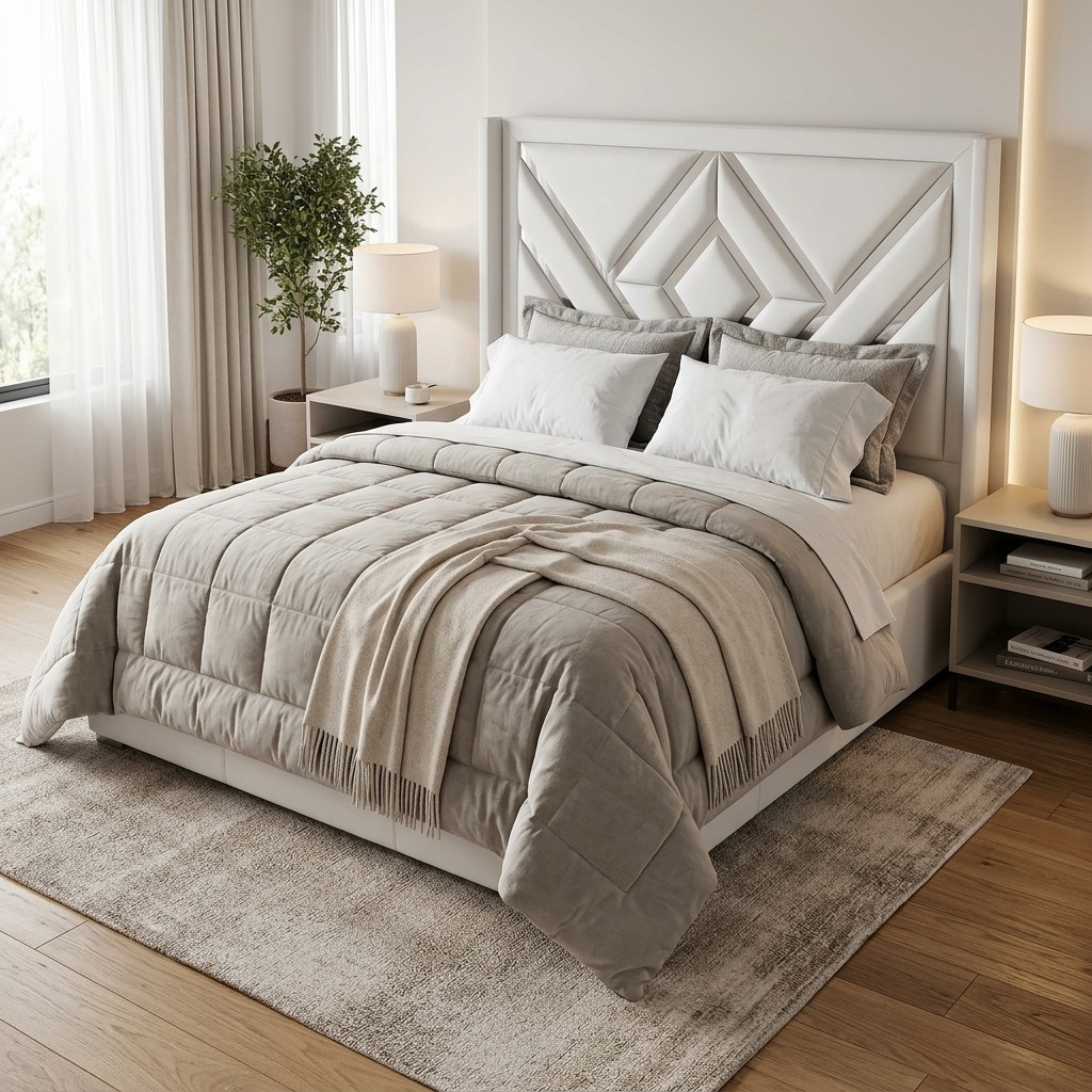 Cama Tapizada 2 Plazas Geométrica Blanco Hueso