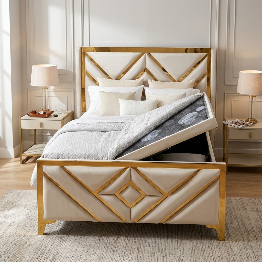 Cama Baúl Box Espacio 2 Plazas Dorado Espejado Luxe