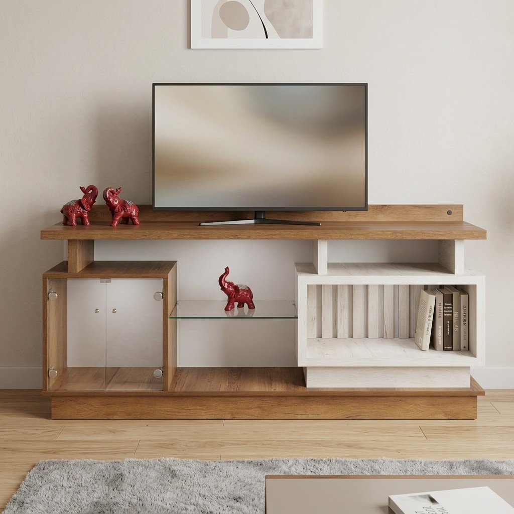 Mueble de TV Moderno en Melamina y Vidrio