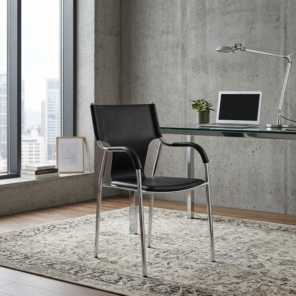 Silla Fija Deco con Brazos para Oficina Cuero Negro