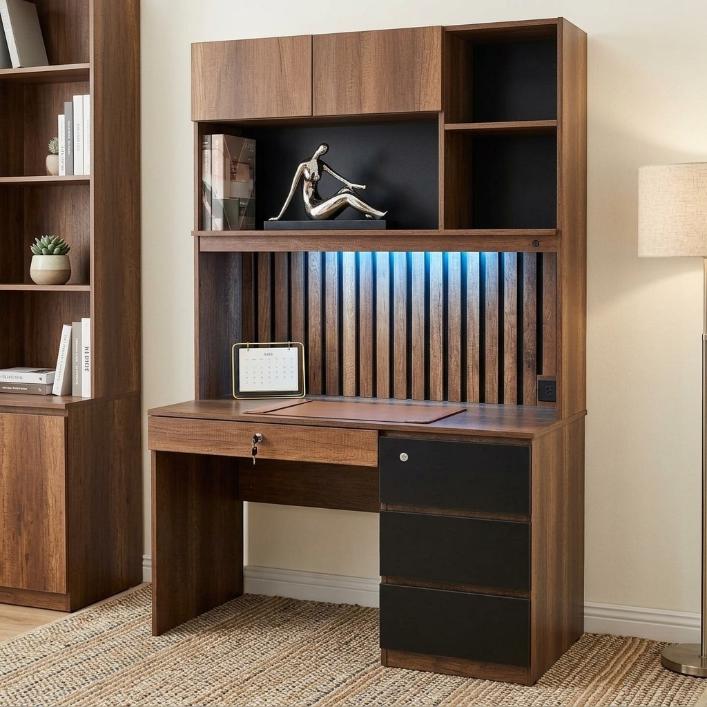 Escritorio con Librero y Luz LED Integrada Walnut