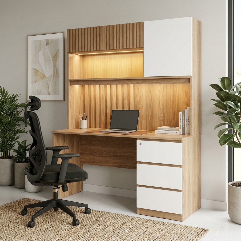Escritorio Estante Moderno con Gavetas y Luz LED