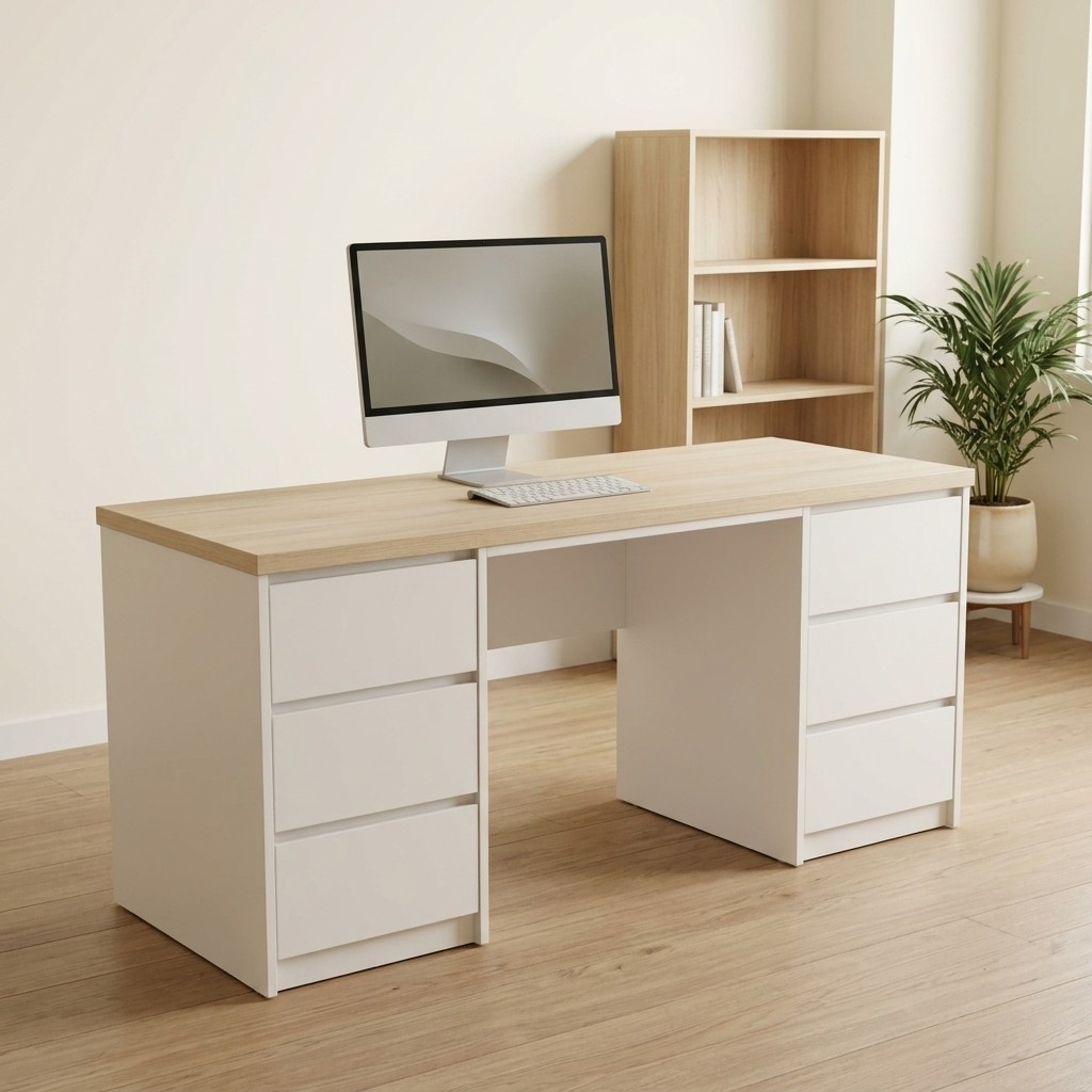 Escritorio Ejecutivo Dual con 6 Cajones Blanco y Roble