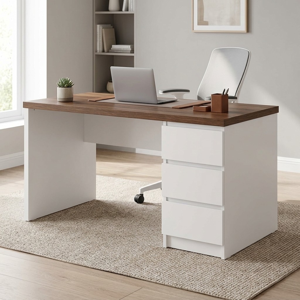 Escritorio Ejecutivo Moderno con 3 Cajones Blanco y Madera
