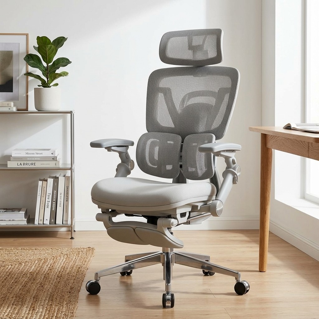 Silla Ergonómica Ejecutiva Gris con Reposapiés