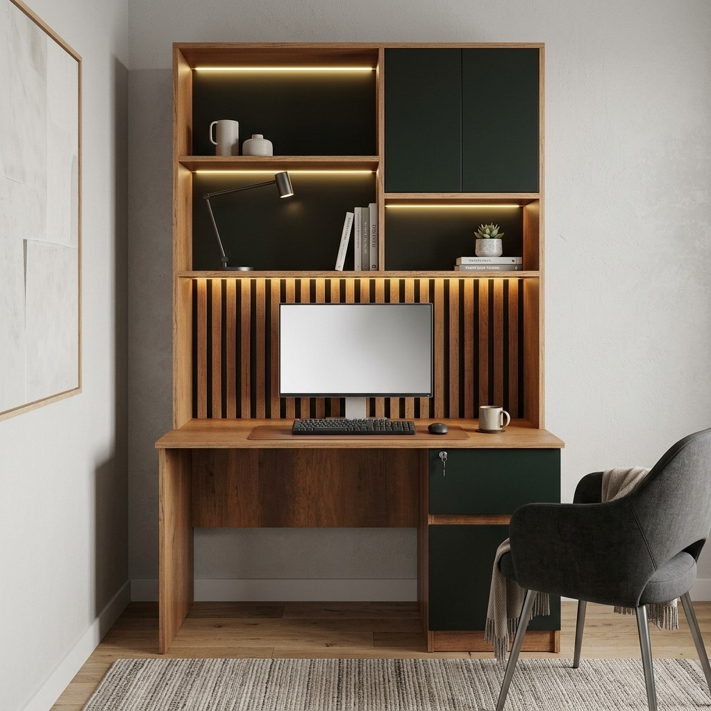 Escritorio Librero Moderno con Panel Acanalado y LED