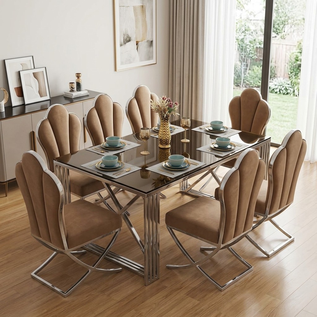 Juego de Comedor 8 Sillas en Acero y Terciopelo