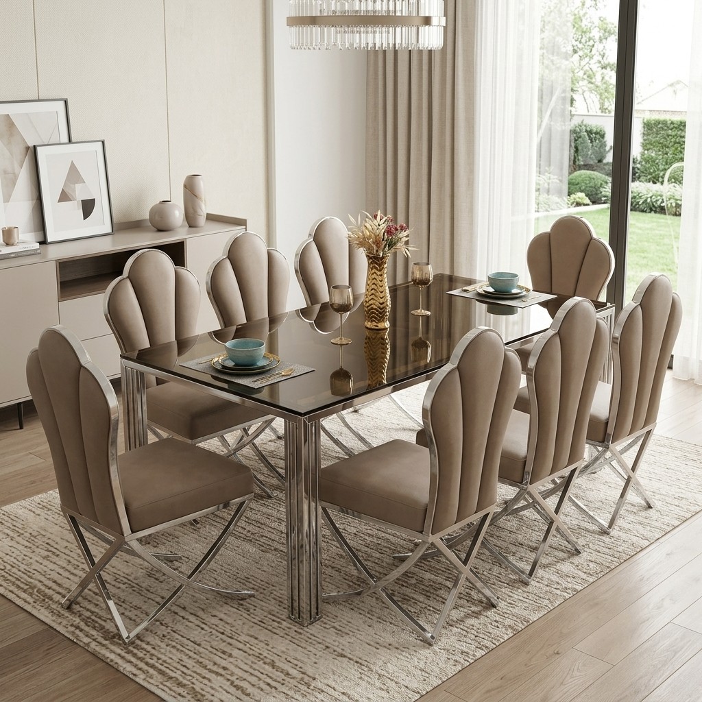 Juego de Comedor 8 Sillas en Acero y Terciopelo