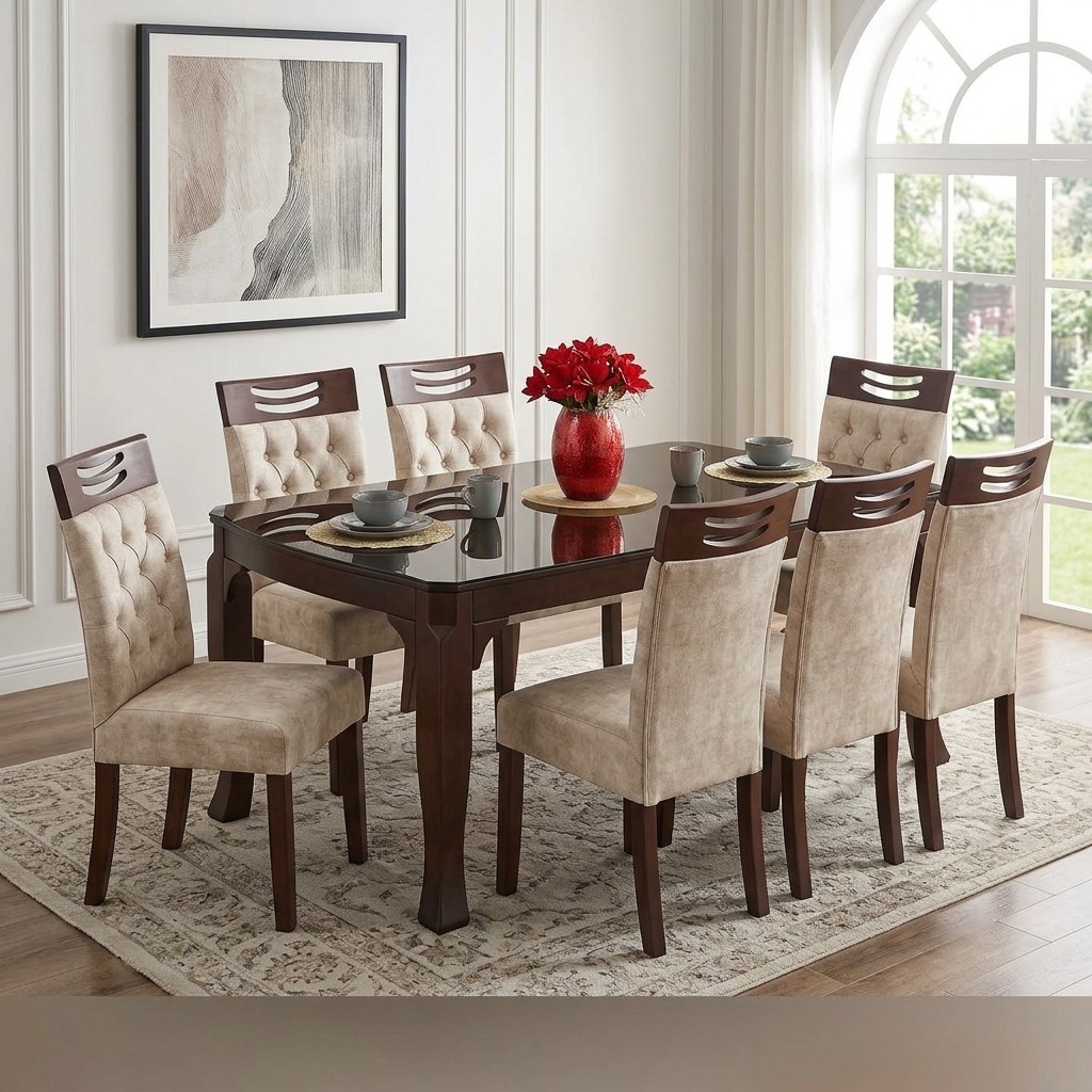 Juego de Comedor 8 Sillas Nogal con Vidrio Templado