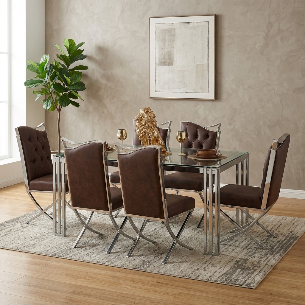 Juego de Comedor 6 Sillas Acero Cromado y Cuero Marrón