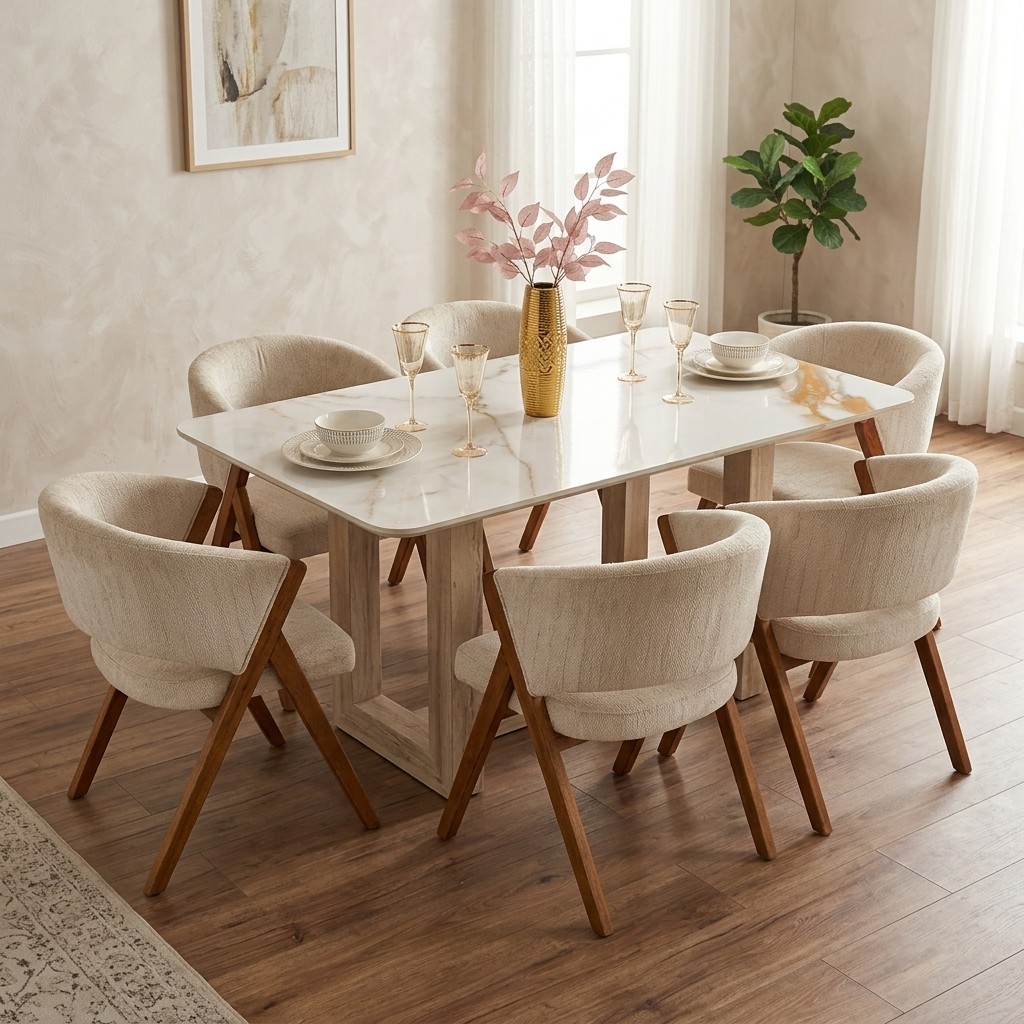 Juego de Comedor 6 Sillas Tablero Mármol y Madera