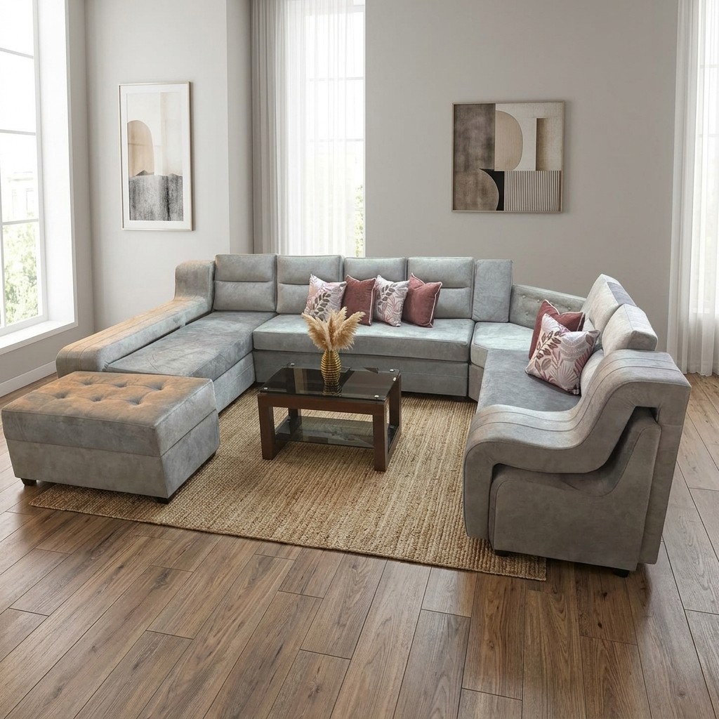 Juego de Sala Seccional Modular Gris con Otomana