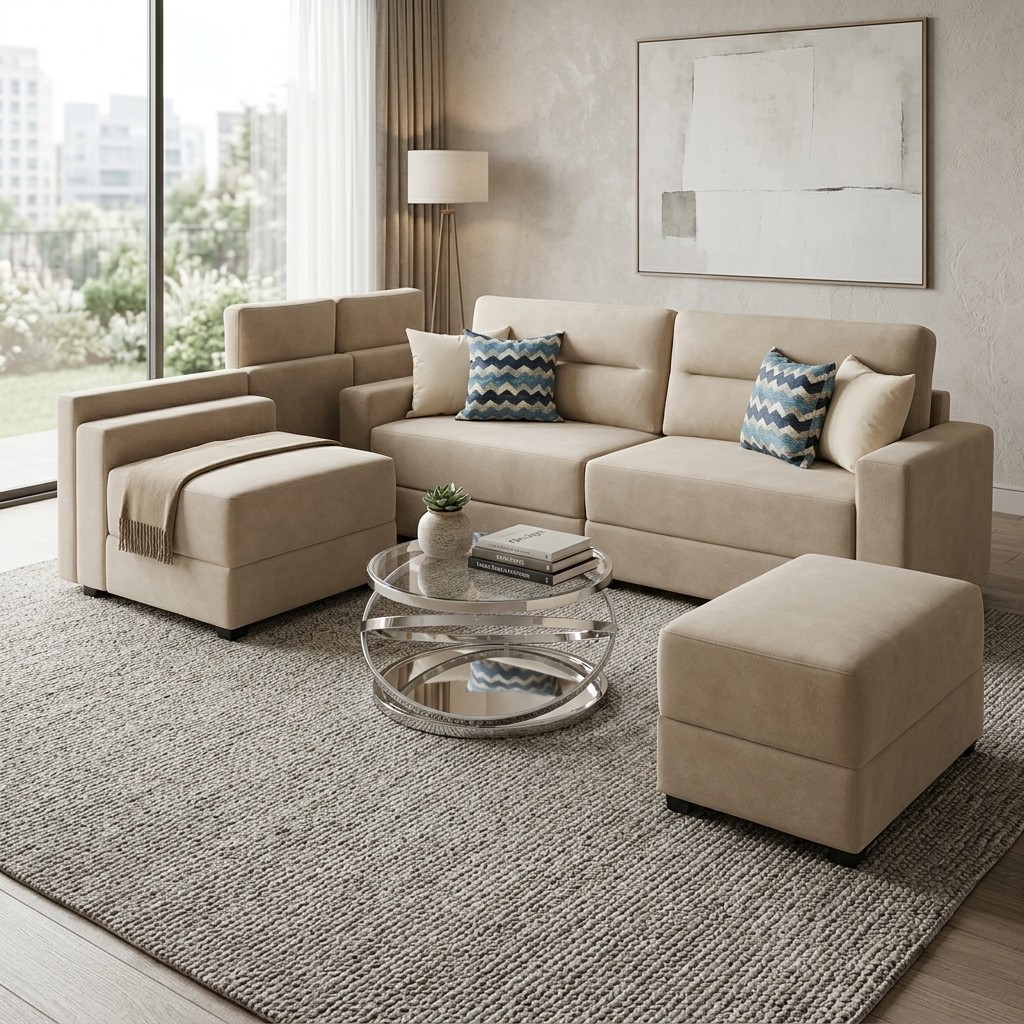 Sofá Seccional Modular Beige con Ottoman