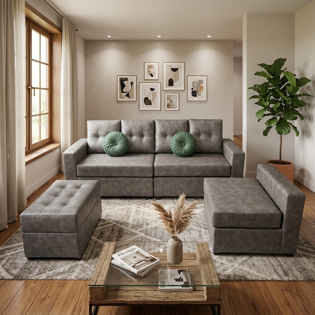 Juego de Sala Modular Confort con Puff Capitoné Gris