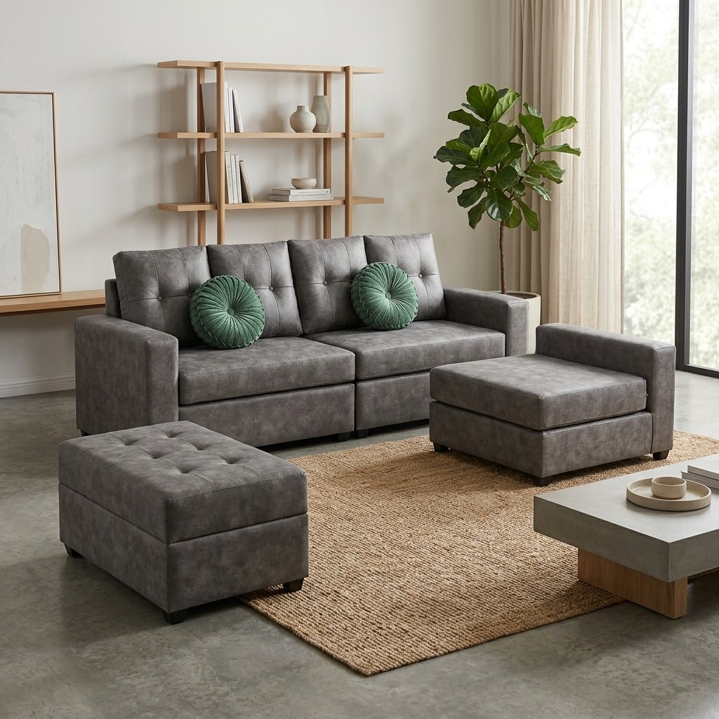 Juego de Sala Modular Confort con Puff Capitoné Gris