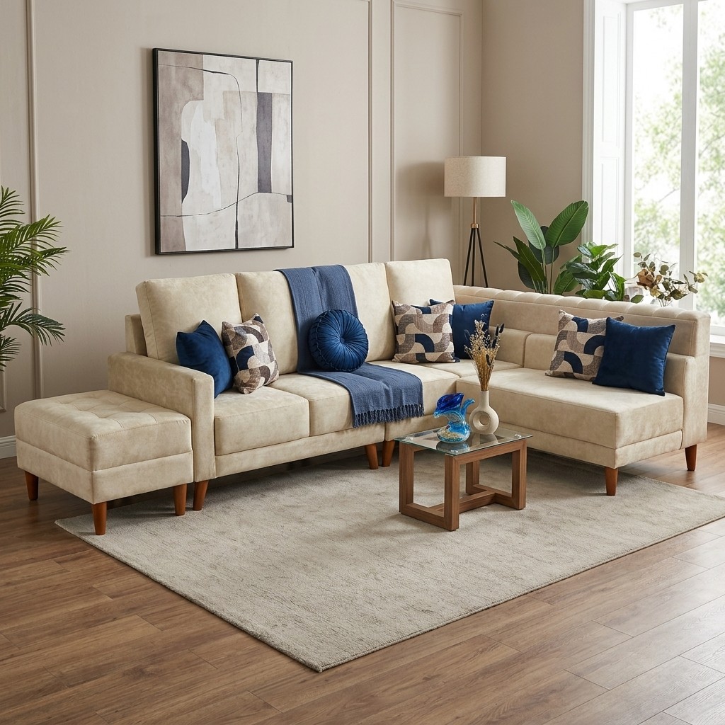 Juego Seccional Moderno con Baúl Puff Tapizado Beige