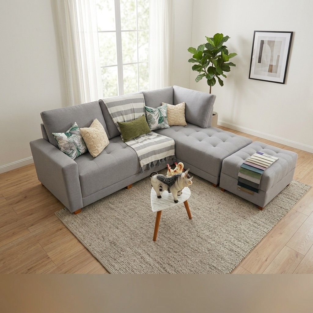 Sofá Seccional Moderno con Chaise Longue y Otomán Gris