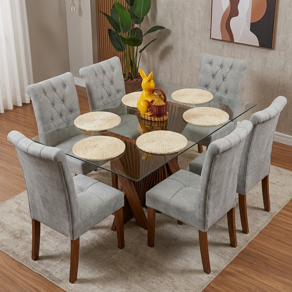 Juego de Comedor Acordeón 6 Sillas Vidrio y Capitoné