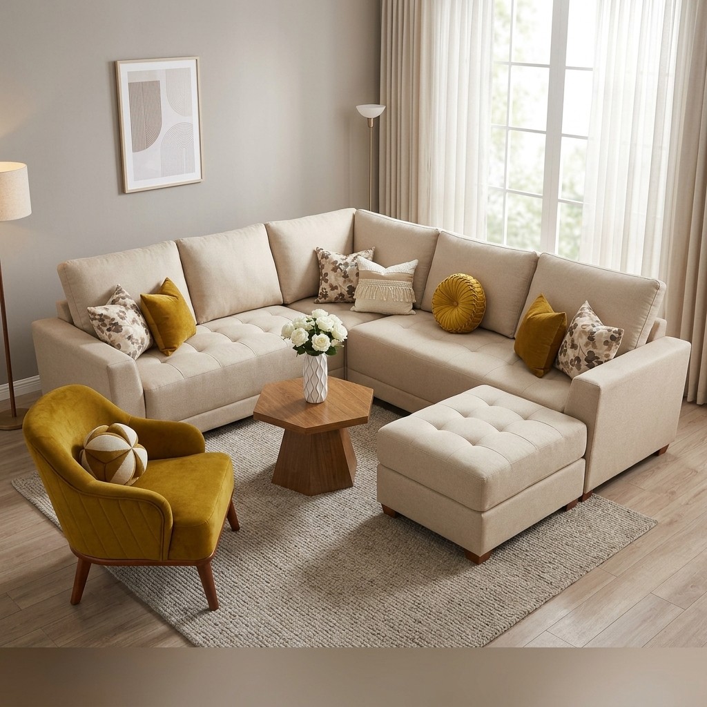Juego de Sala Seccional Beige con Butaca Mostaza