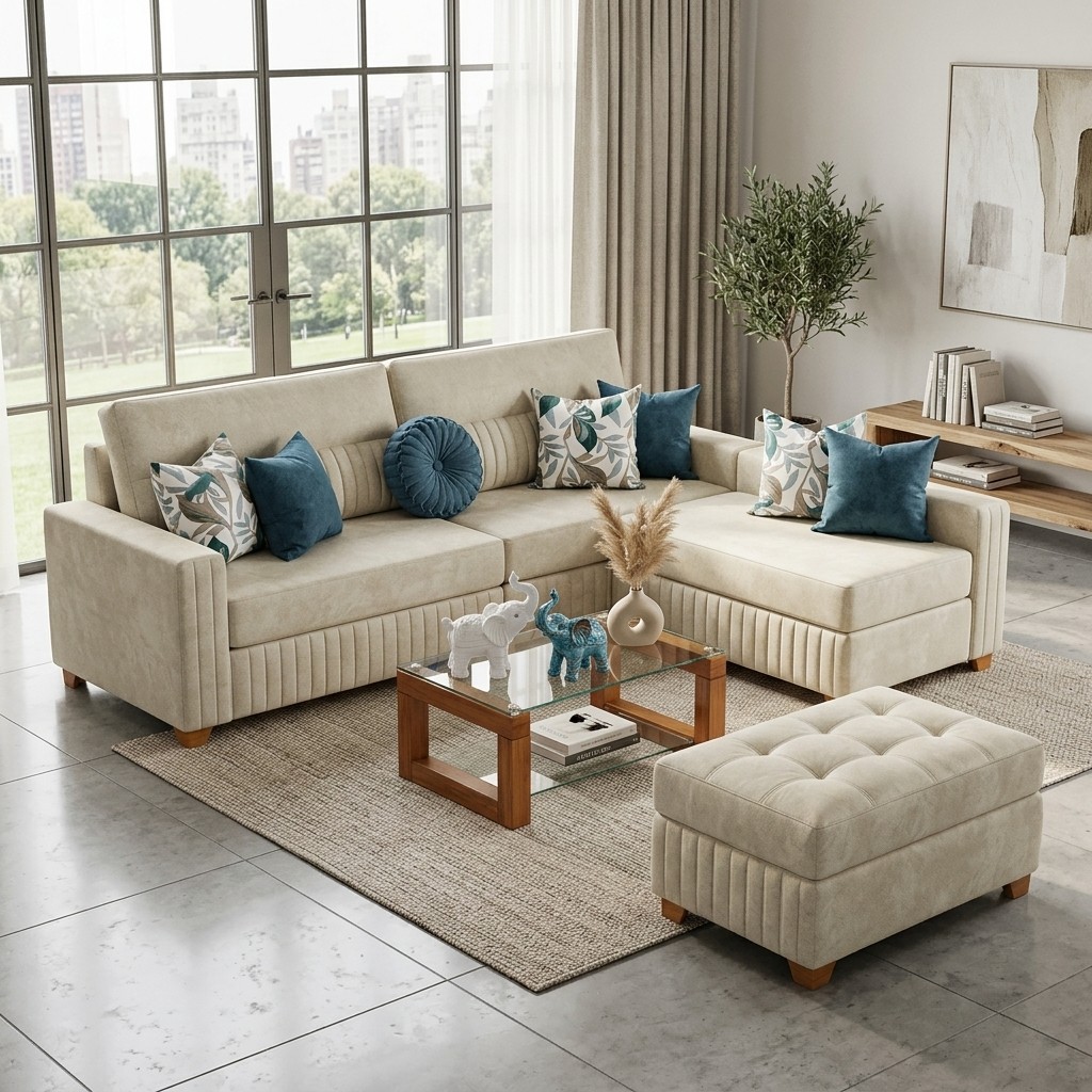 Sofá Seccional con Puff Baúl Beige