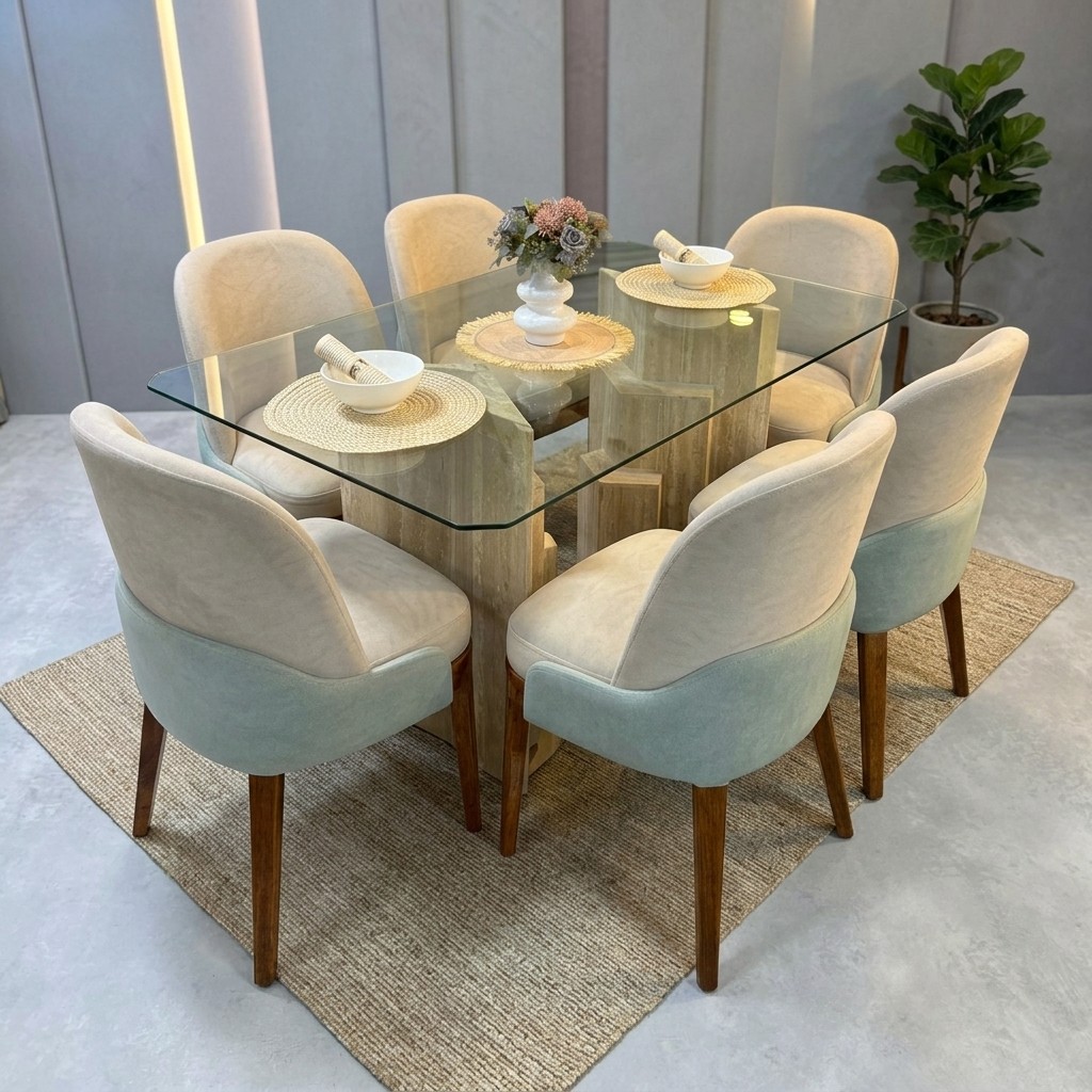 Juego de Comedor 6 Sillas Base Mármol y Vidrio