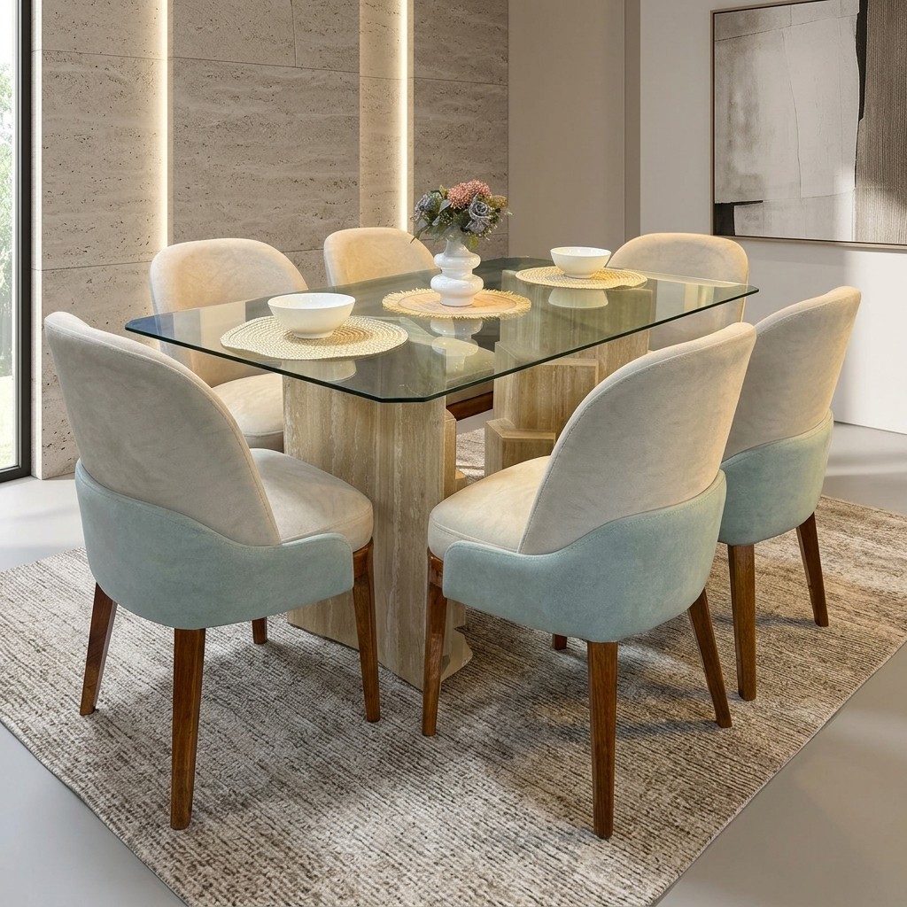 Juego de Comedor 6 Sillas Base Mármol y Vidrio