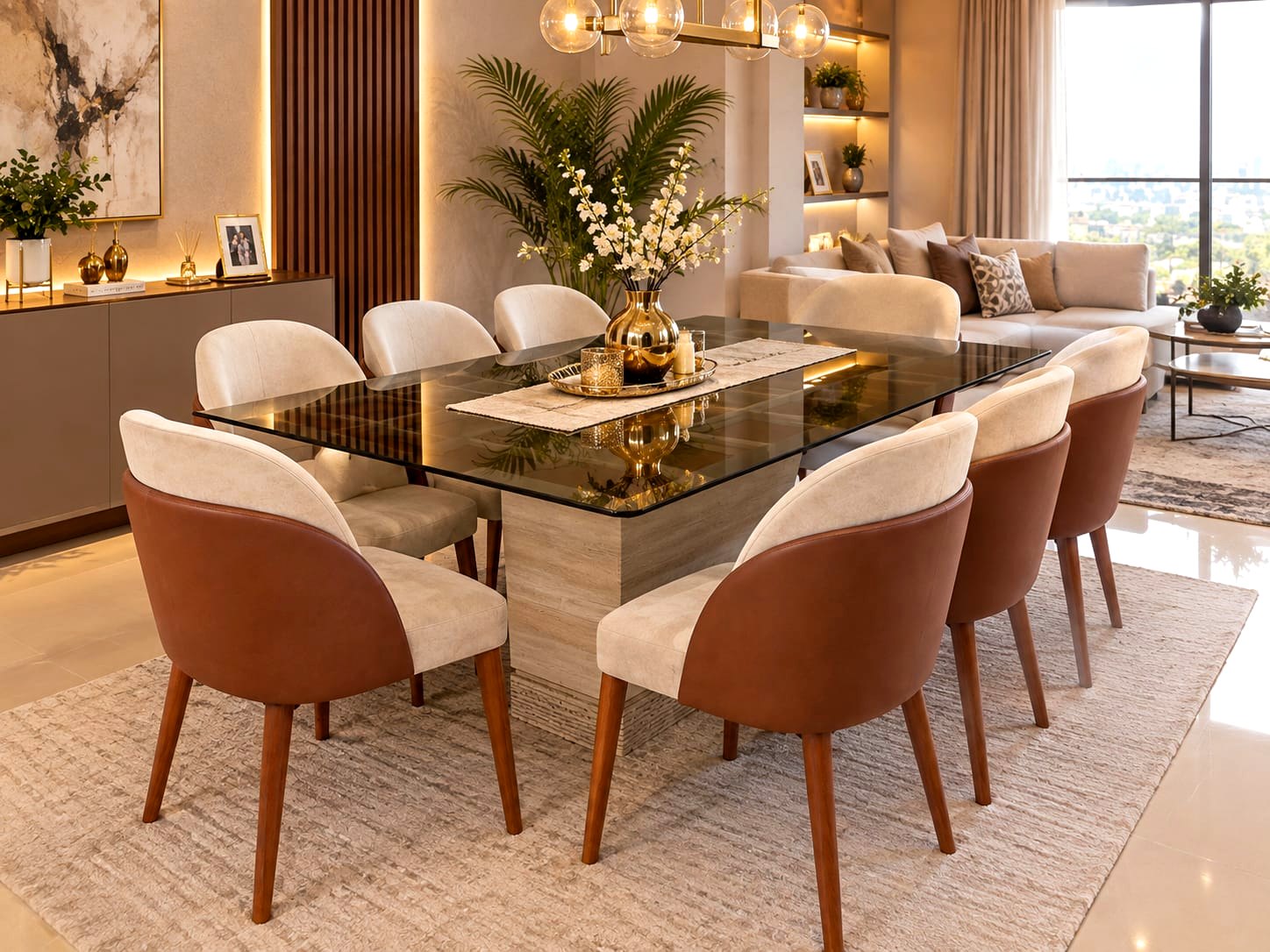 Juego de Comedor 8 Sillas Base Mármol y Tablero Vidrio