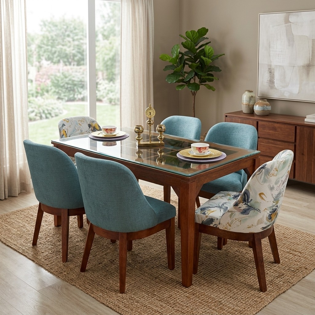 Juego de Comedor 6 Sillas Madera y Vidrio Contemporáneo