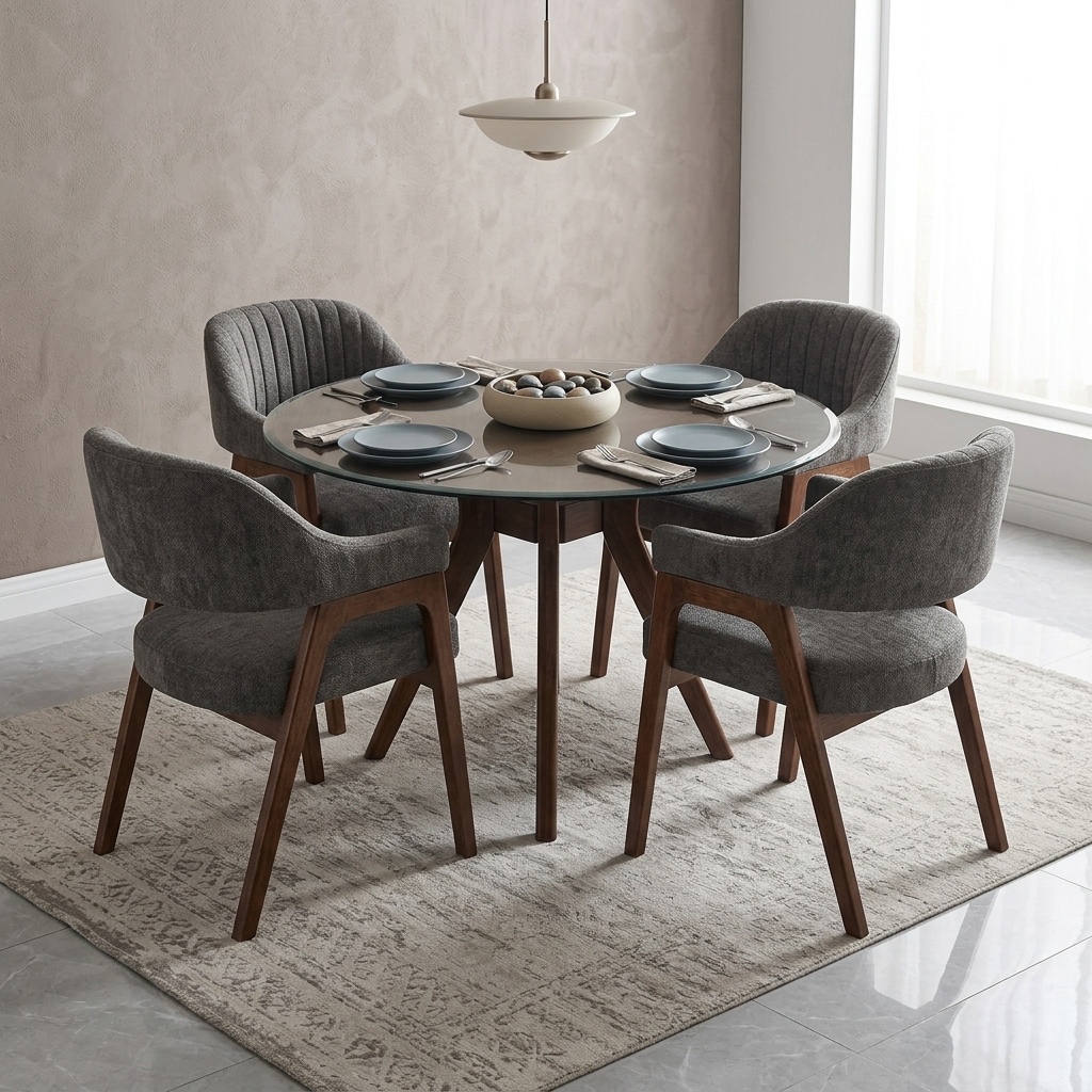 Juego de Comedor Redondo de Vidrio y 4 Sillas Grises