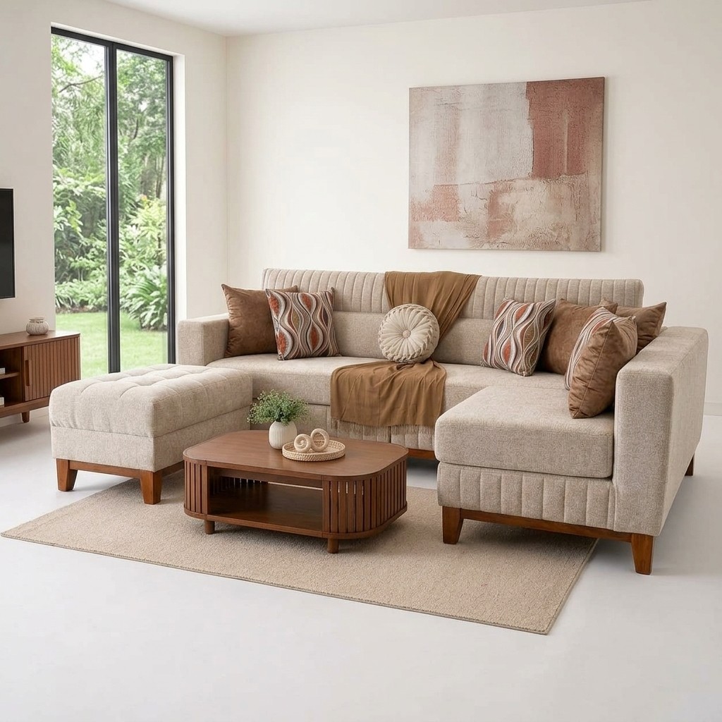 Sofá Seccional Modular Beige con Chaise y Banqueta