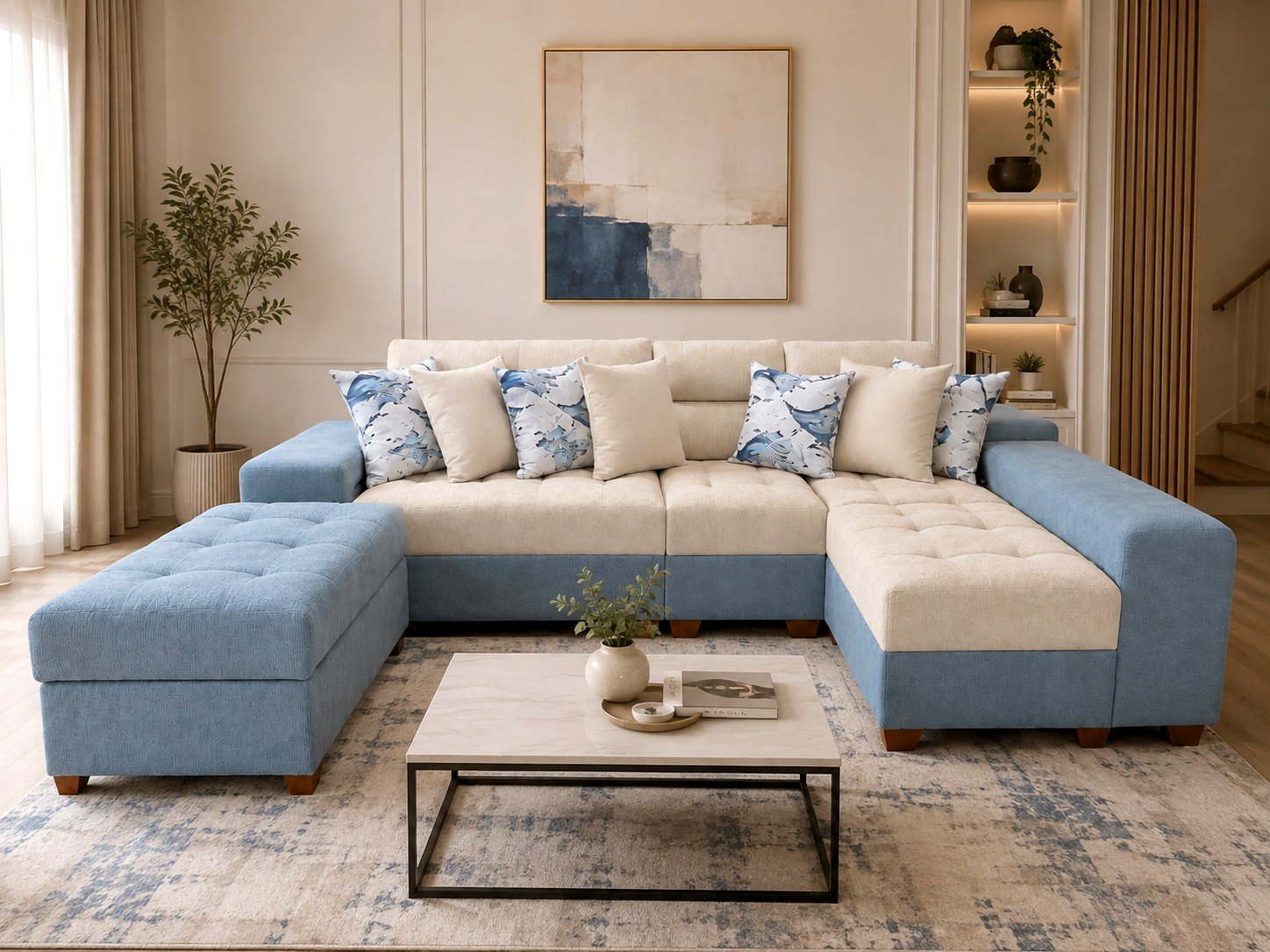 Sofá Seccional Bicolor con Chaise y Baúl Multifuncional