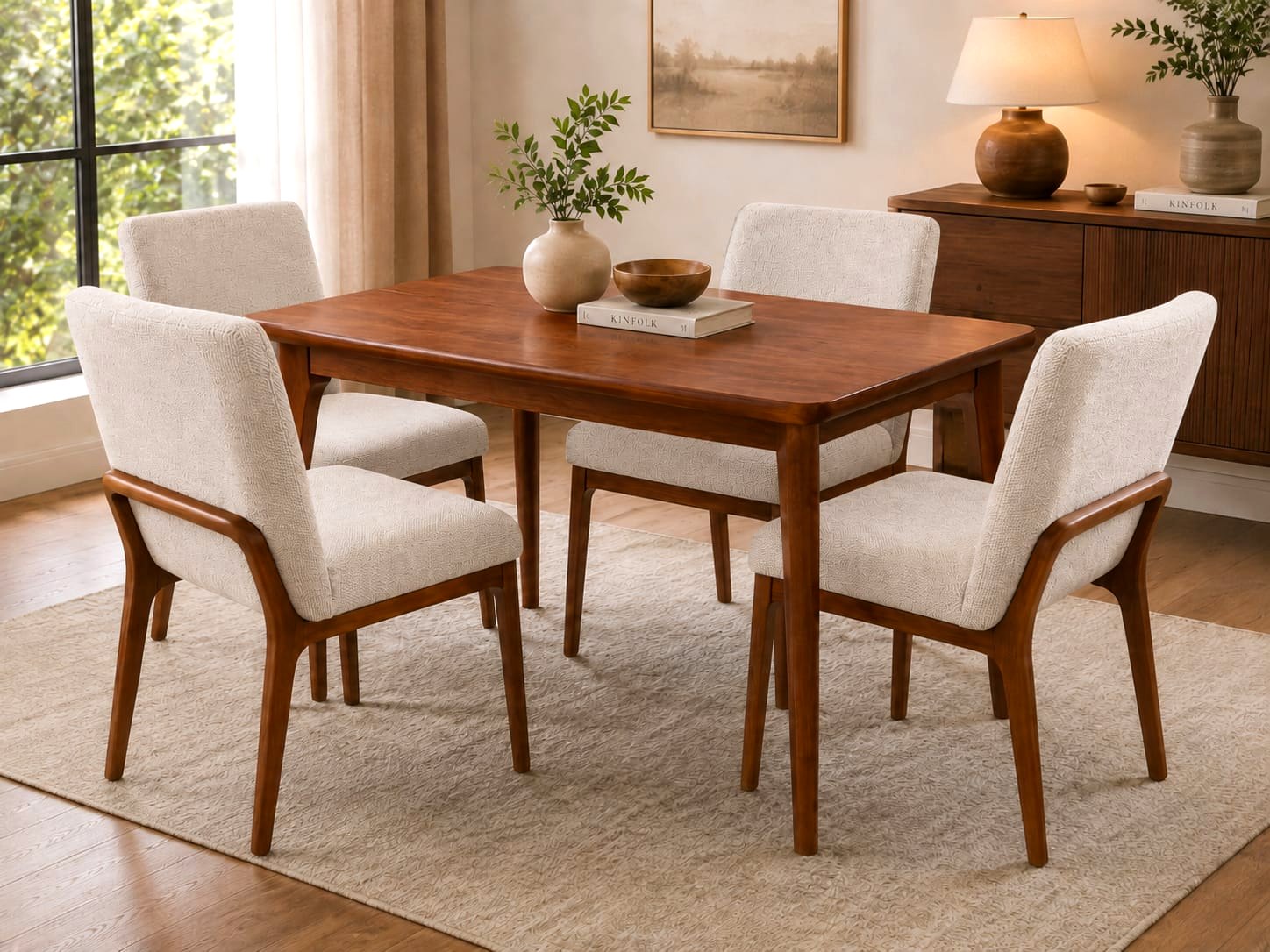 Juego de Comedor 4 Sillas Madera y Tapiz Beige