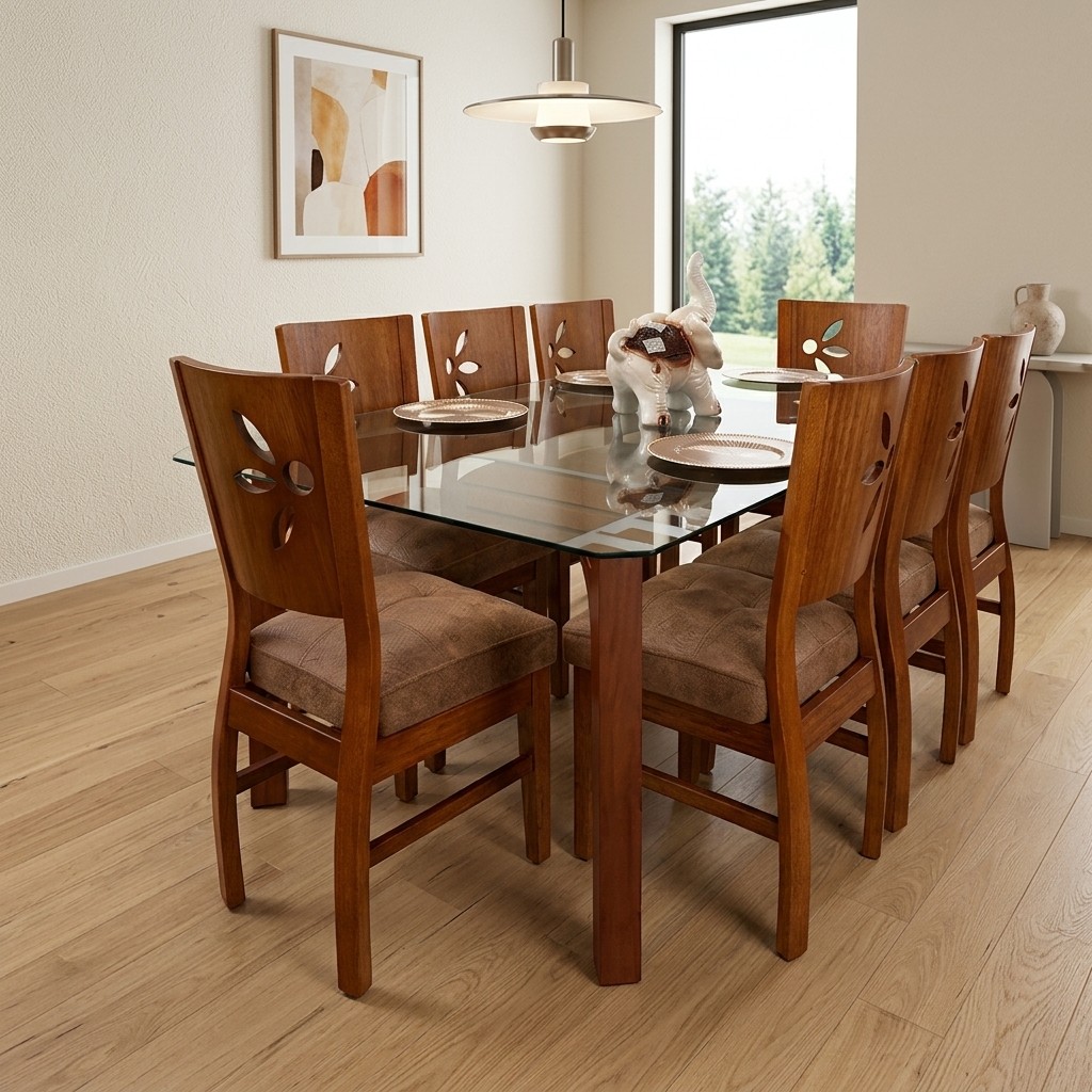 Juego de Comedor 8 Sillas Madera y Vidrio Templado