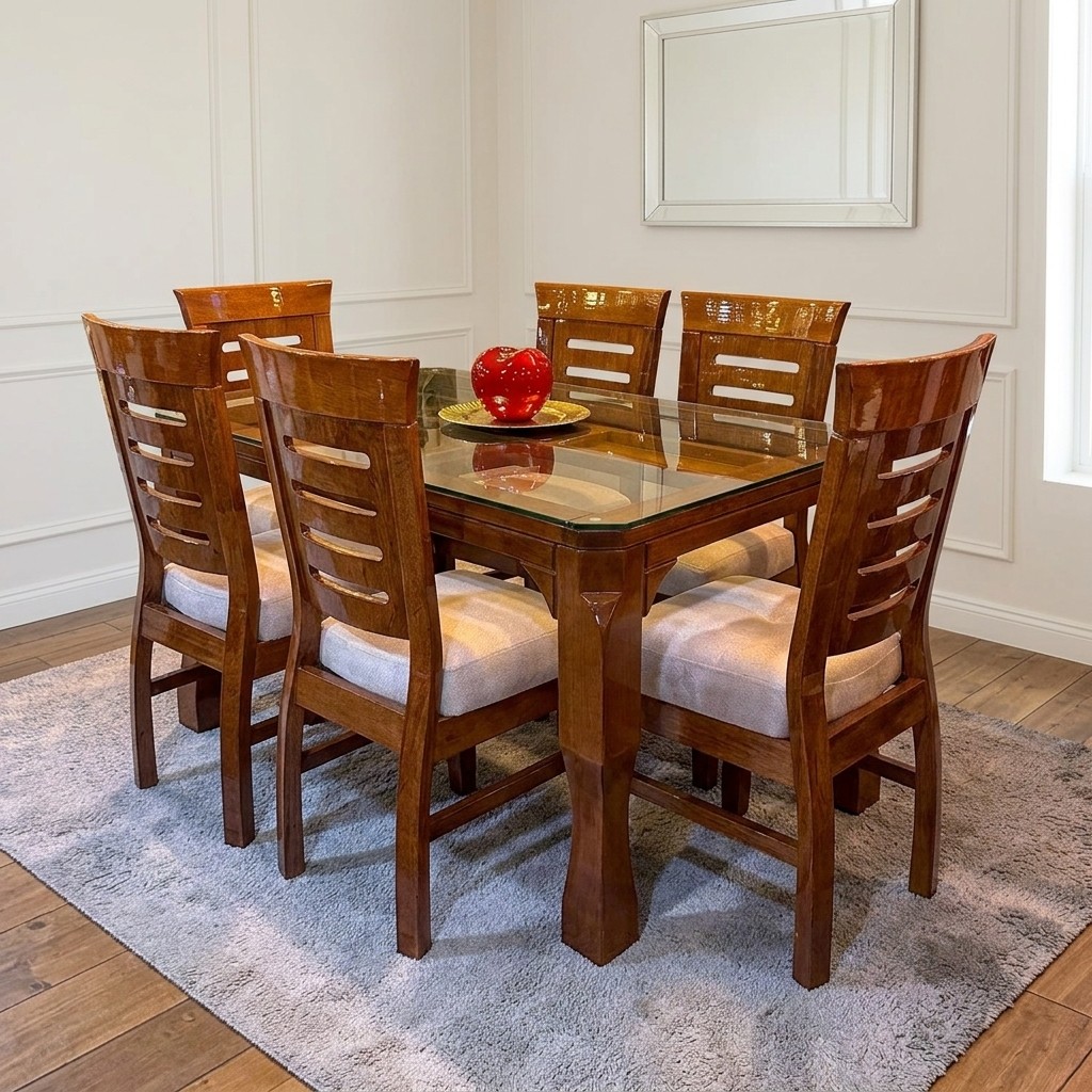 Juego de Comedor de Madera 6 Sillas con Tablero de Vidrio