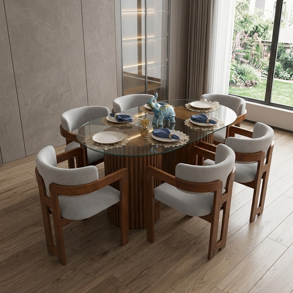 Juego de Comedor Curvo 6 Sillas con Mesa de Vidrio