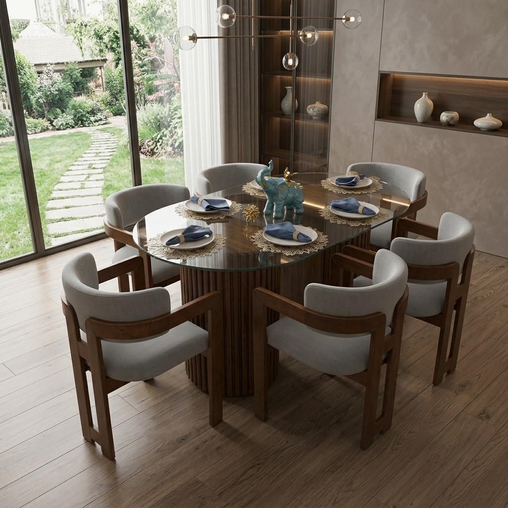 Juego de Comedor Curvo 6 Sillas con Mesa de Vidrio
