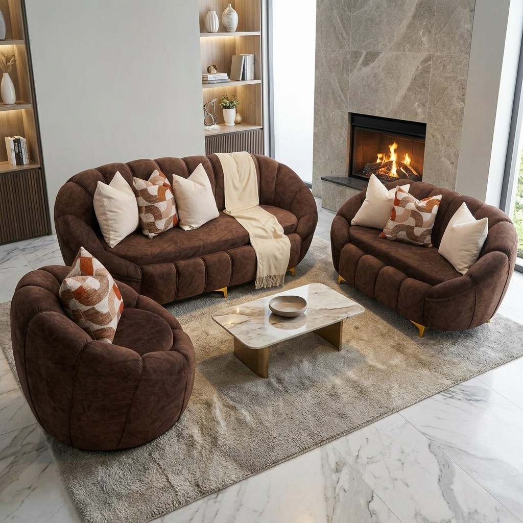 Juego de Sala 3-2-1 Curvo Terciopelo Marrón