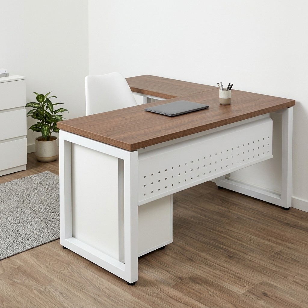 Escritorio Ejecutivo en L Metálico Blanco y Madera