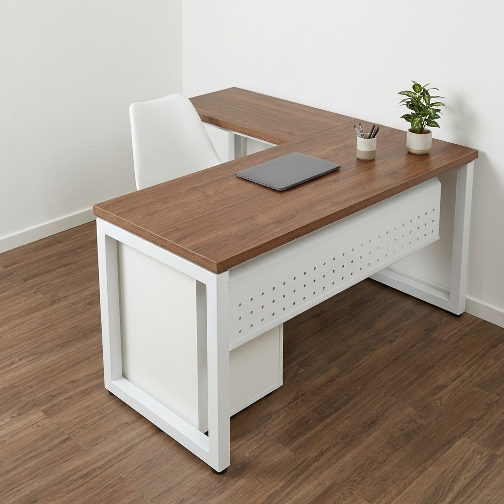 Escritorio Ejecutivo en L Metálico Blanco y Madera
