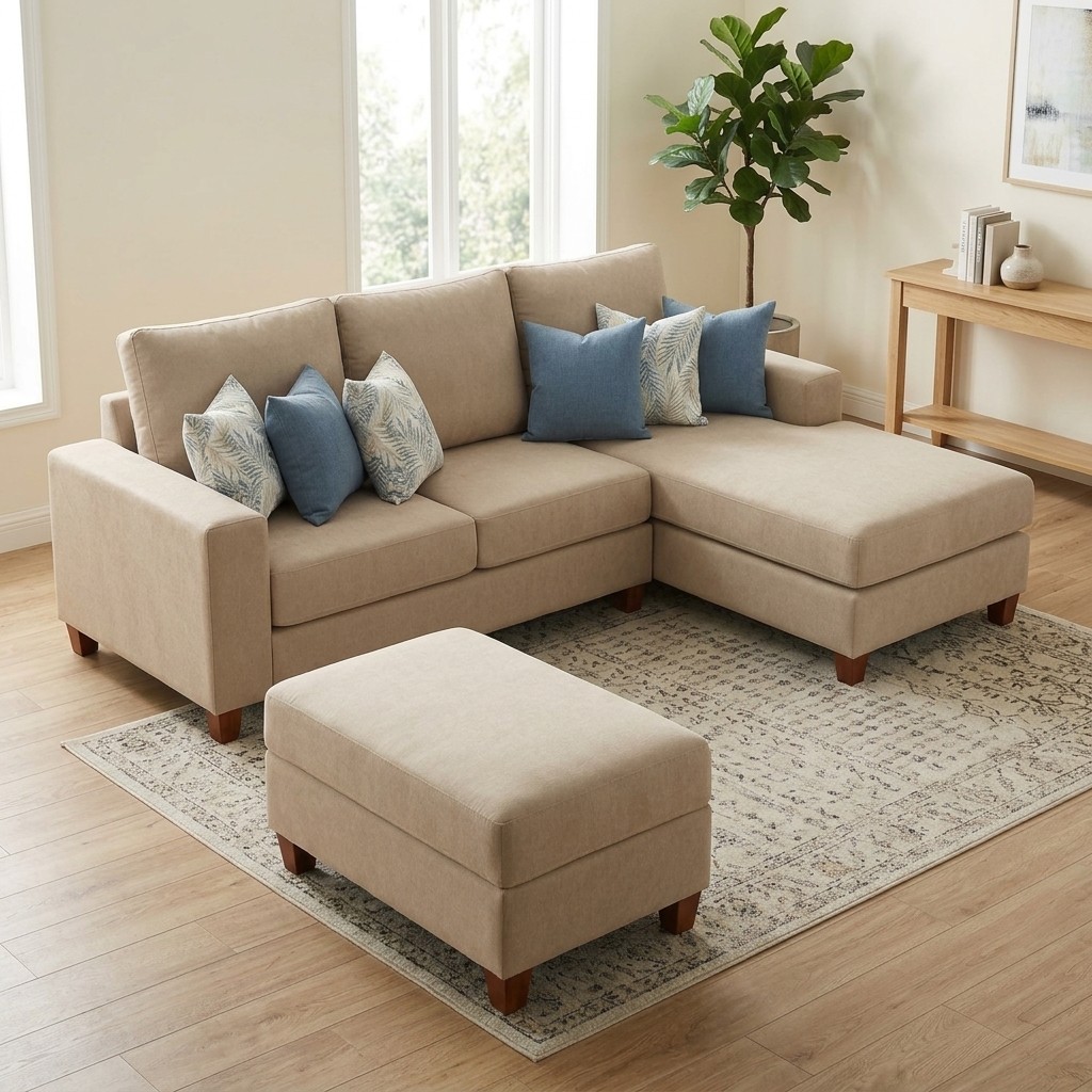 Juego De Sala Seccional Con Otomán Beige