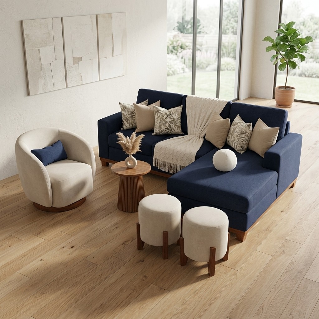 Juego de Sala Seccional Azul con Butaca Giratoria