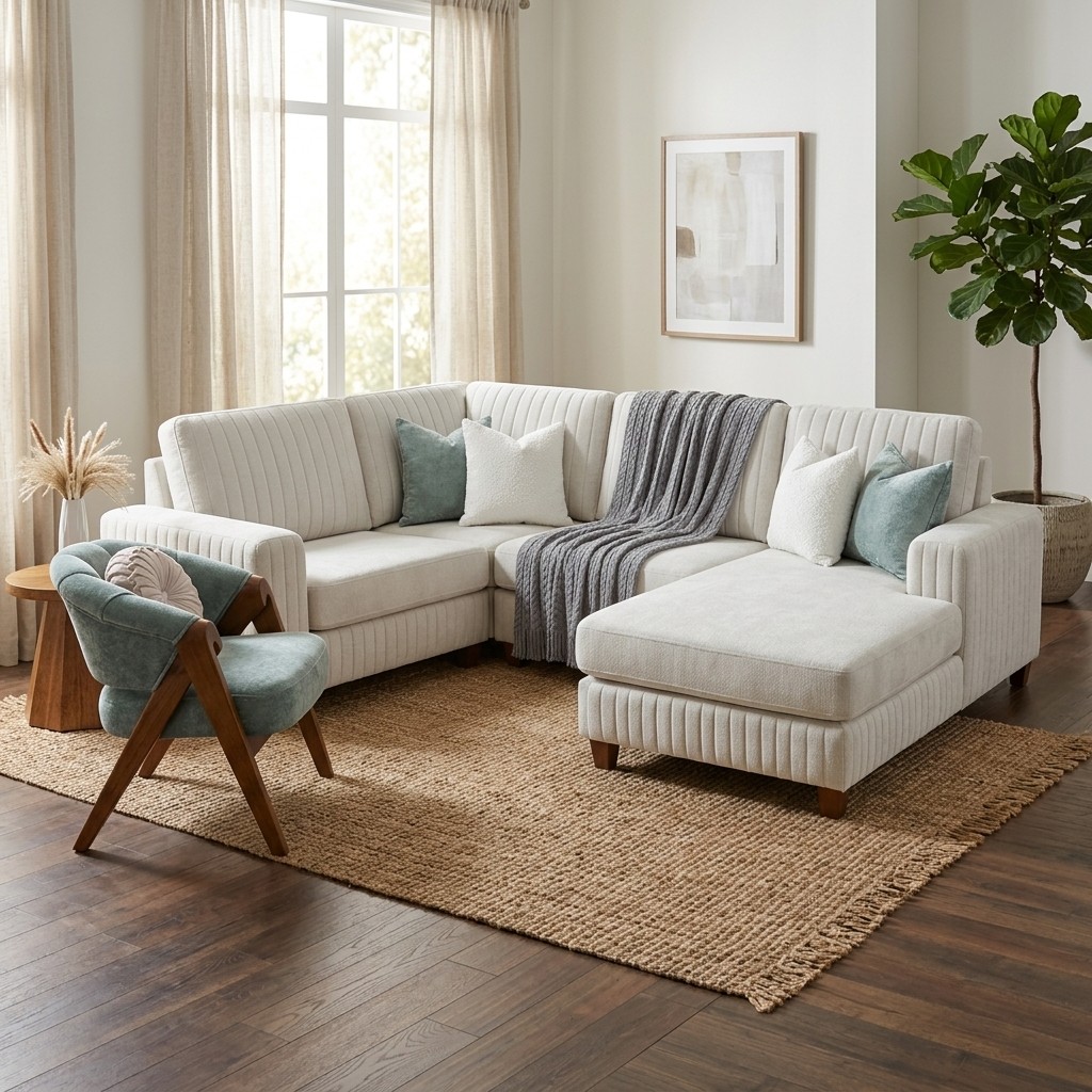 Seccional Acanalado Beige con Chaise y Butaca de Acento