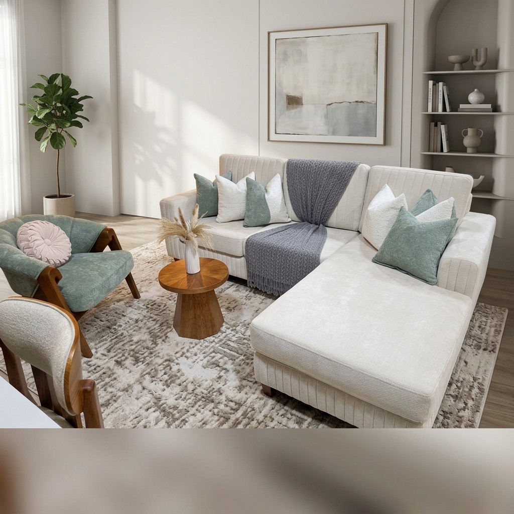 Seccional Acanalado Beige con Chaise y Butaca de Acento