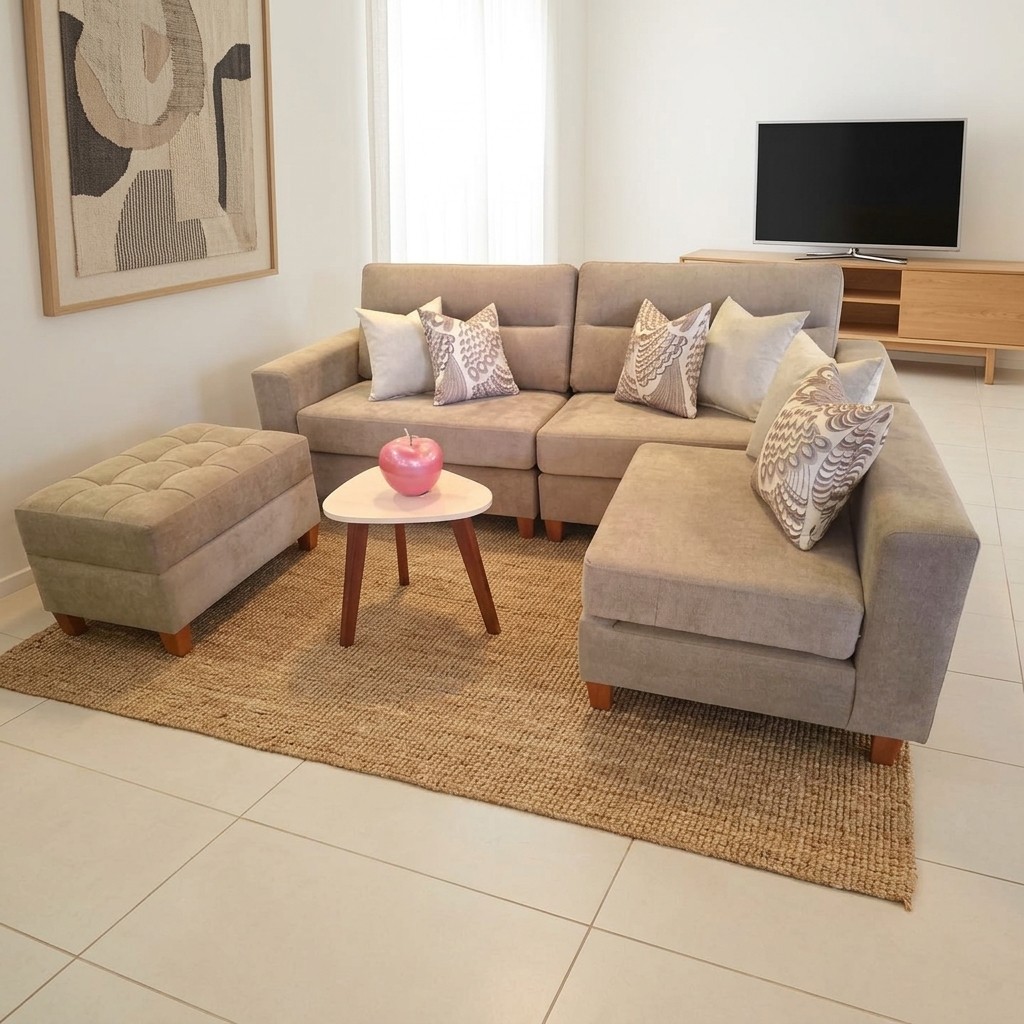 Juego de Sala Seccional con Chaise Longue y Otomán Beige