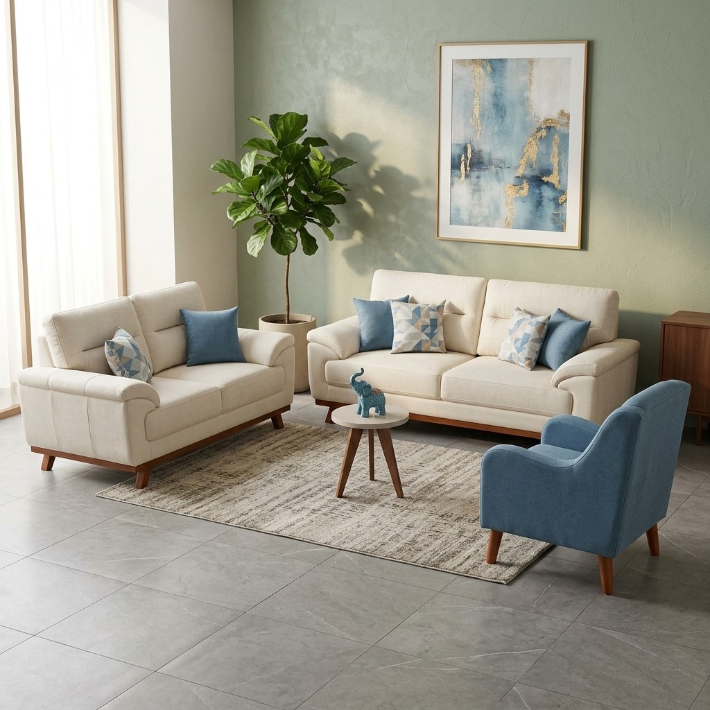 Juego de Sala 3-2-1 Nórdico Contemporáneo Beige y Azul