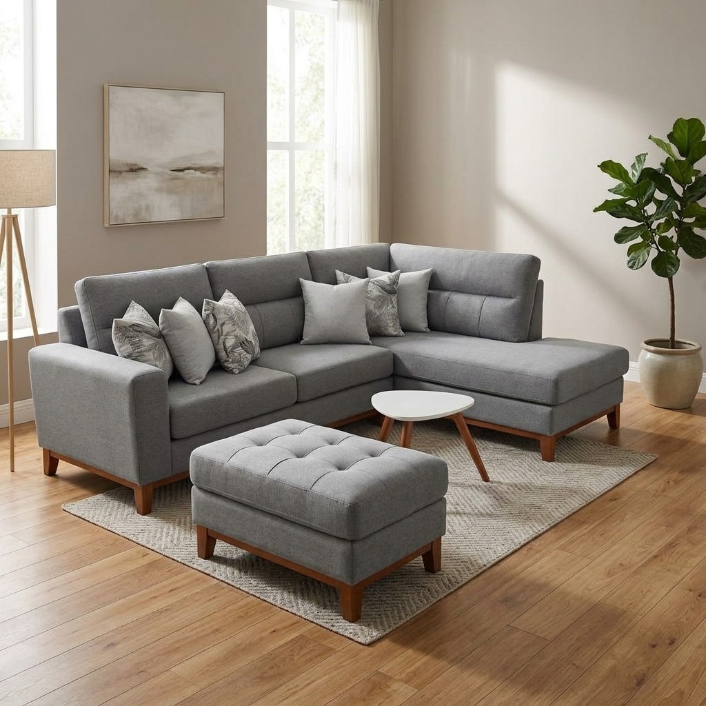 Juego de Sala Seccional Gris con Otomán y Cojines
