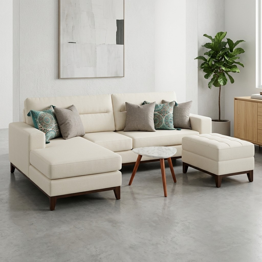 Sofá Seccional Moderno con Chaise y Otomán Marfil