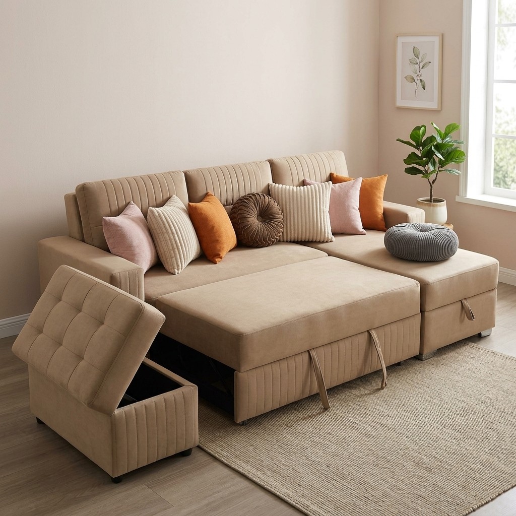 Sofá Cama Seccional Multifuncional con Pouf Baúl