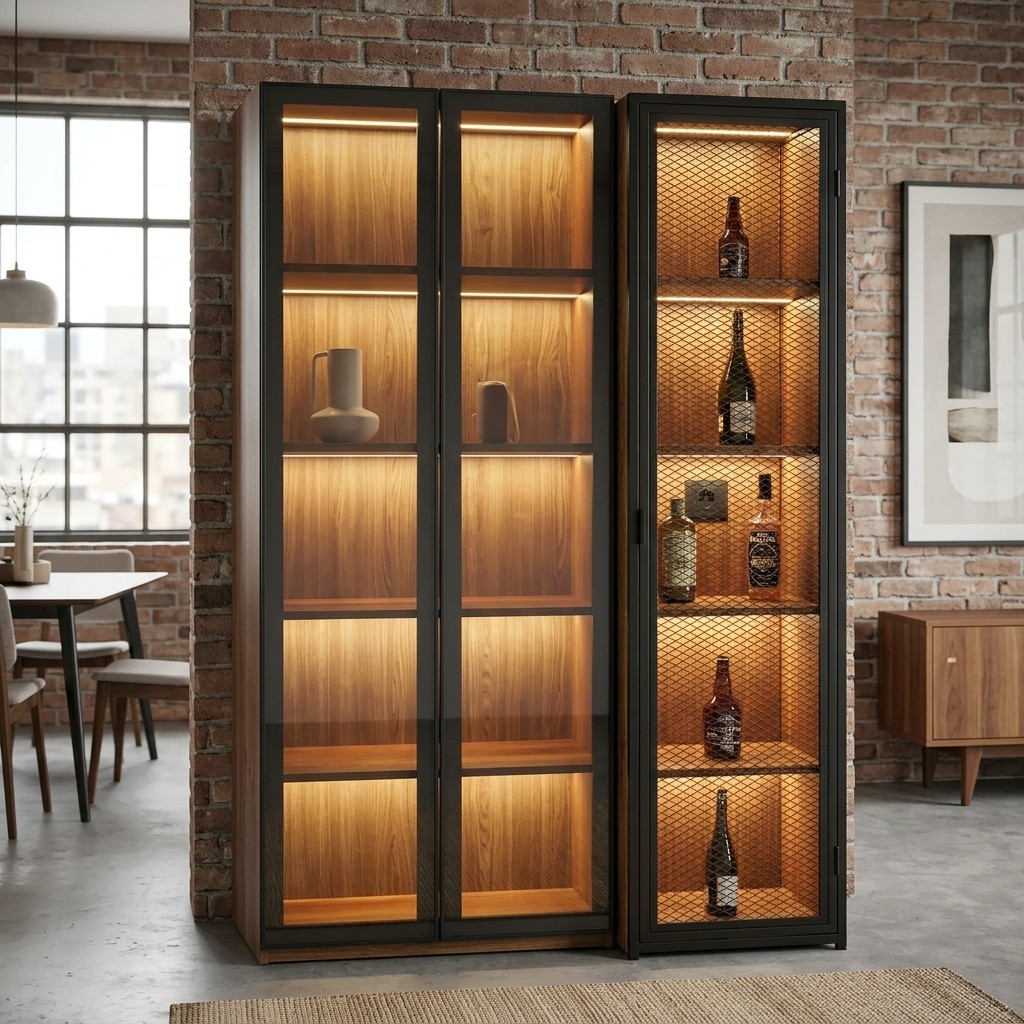 Vitrina Bar Industrial con Luces LED y Puertas de Vidrio